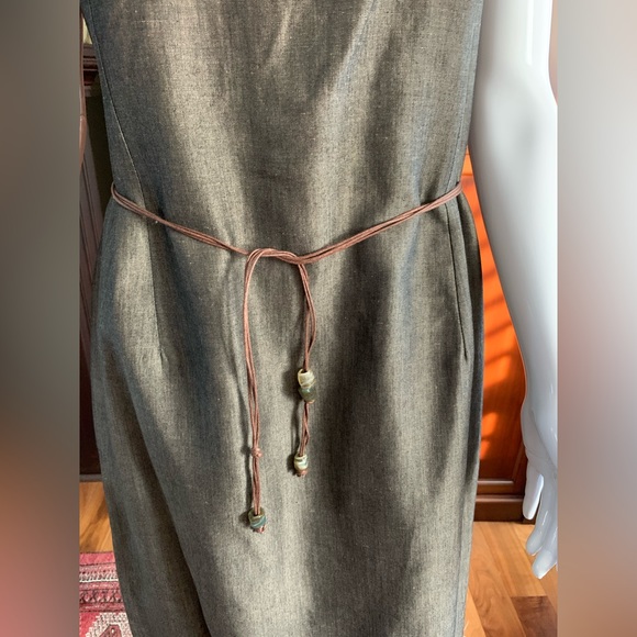 Shiny brownish Green linen straight pencil dress sleeveless long cord belt US 10 - Picture 4 of 13